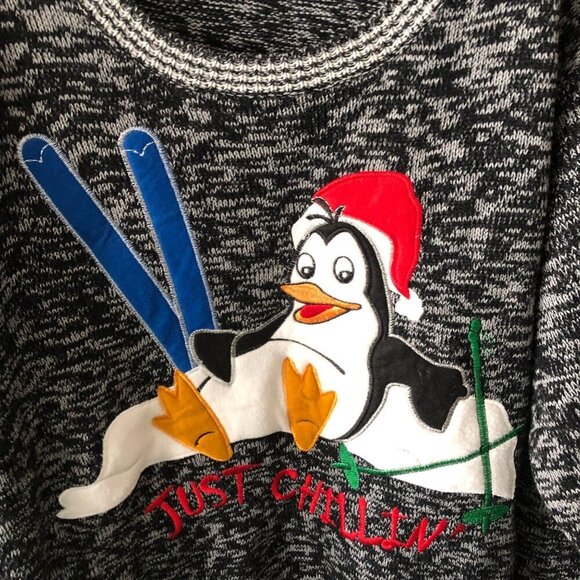 Women's 4XL Winter Just Chillin Penguin Skiing Sweater Blk & Gray - Picture 4 of 7